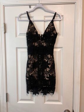 Privy Lace Bodycon Mini Dress Small Black Nude Lining Strappy Party Cocktail